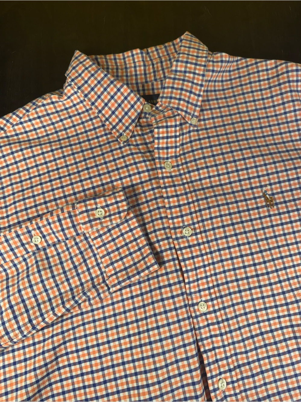 Ralph Lauren Button Down Shirt Mens XL Orange Blue Check Plaid Long Sleeve